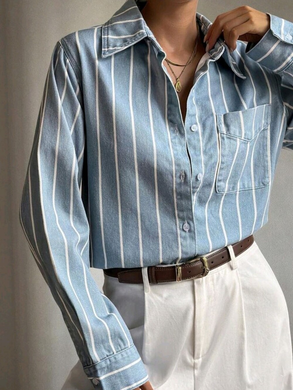 Women's Loose Casual Cotton Denim Shirt, Long Sleeve, Button-Up, Lapel C